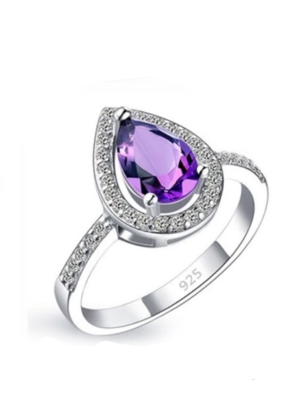 Swarovski Elements 925 Sterling Silver Amethyst Purple Teardrop Ring NEW
